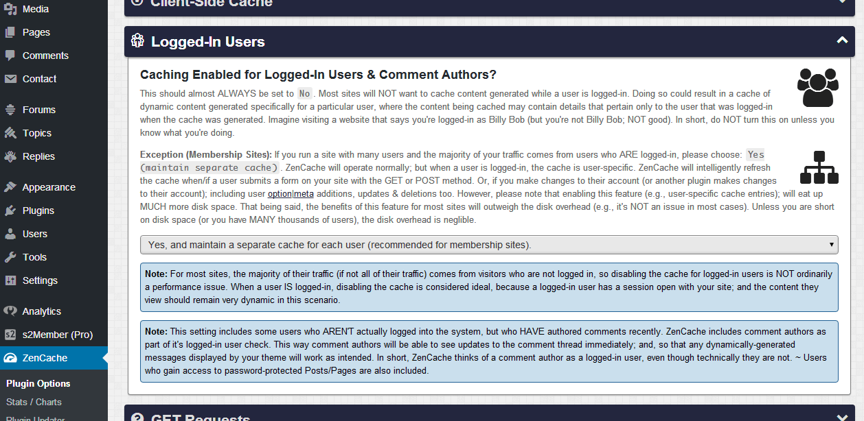 ZenCache Logged-in Users panel